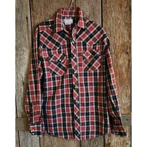 Wrangler Wrancher Shirt‎ Mens M Red Plaid L/S Pearl Snap Flannel Pockets Western
